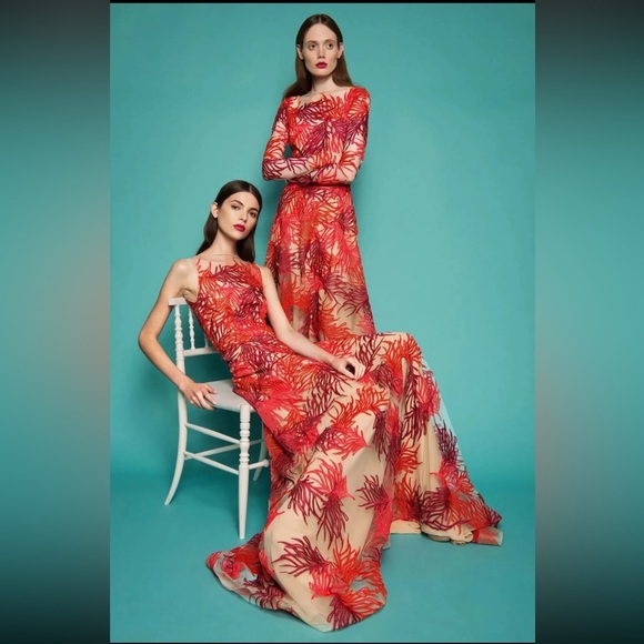 Naeem Khan Embroidered Coral Tulle Dress Size 4 Red Cocktail Gown - Picture 1 of 17